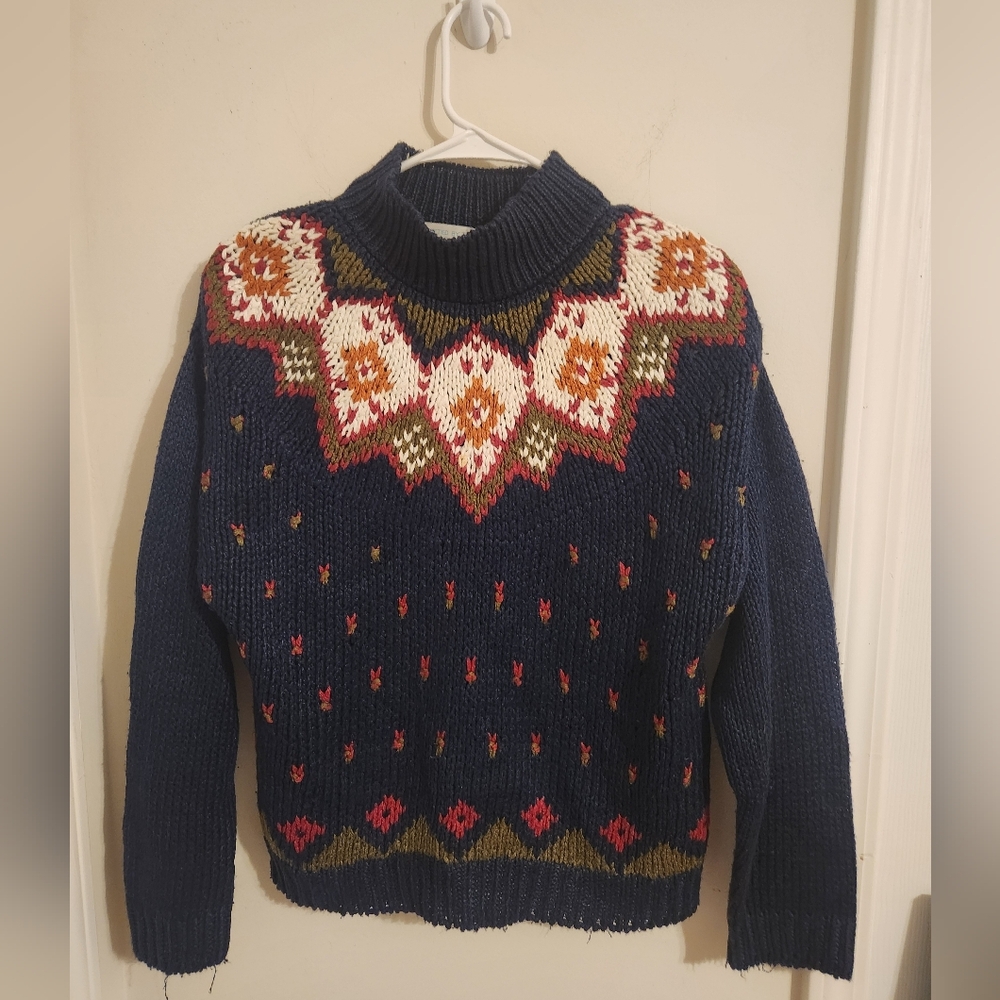 Jamie Scott Vintage Hand Knit Navy Blue Patterned Mockneck Sweater Large